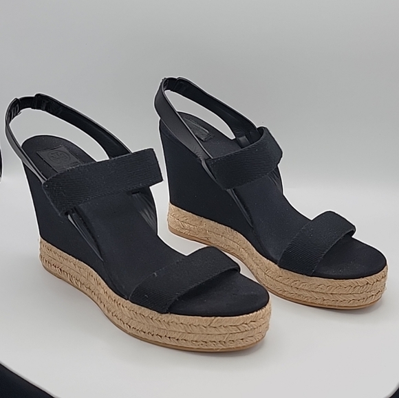 TORY BURCH Wedge Sandal Espadrille Slingback 2 Band Canvas & Leather Black US 10 - Picture 8 of 13